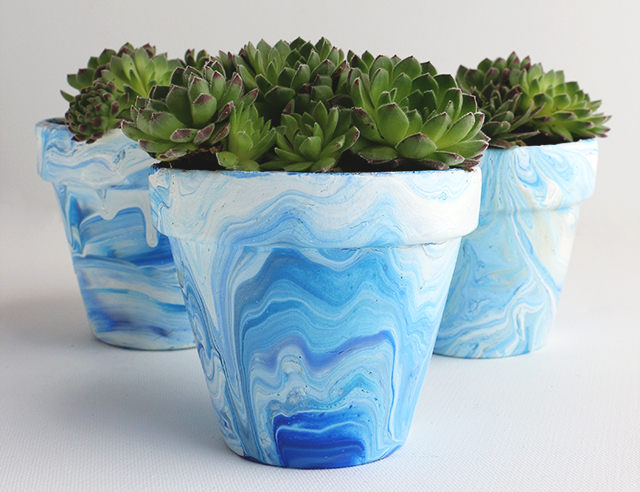 blue marbled plant pots