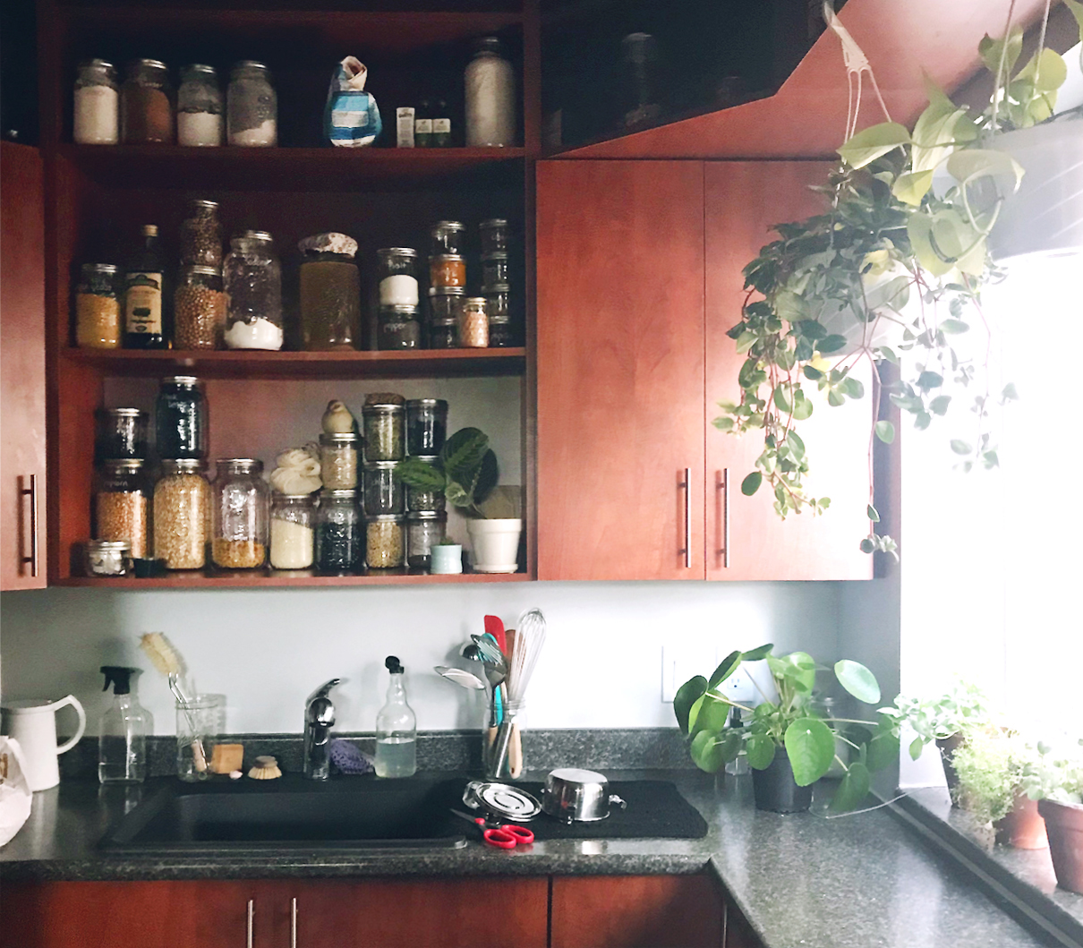 A zero waste kitchen with glass jars to store food