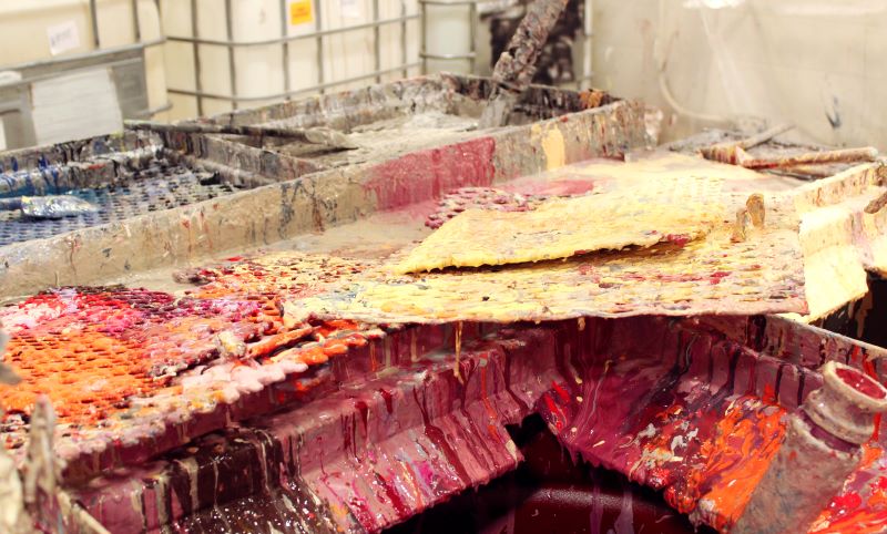 Colourful paint residue on the surface at a paint recycling facility in Delta, BC, Canada