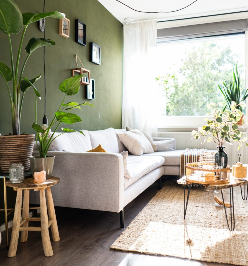couch and tables with green wall