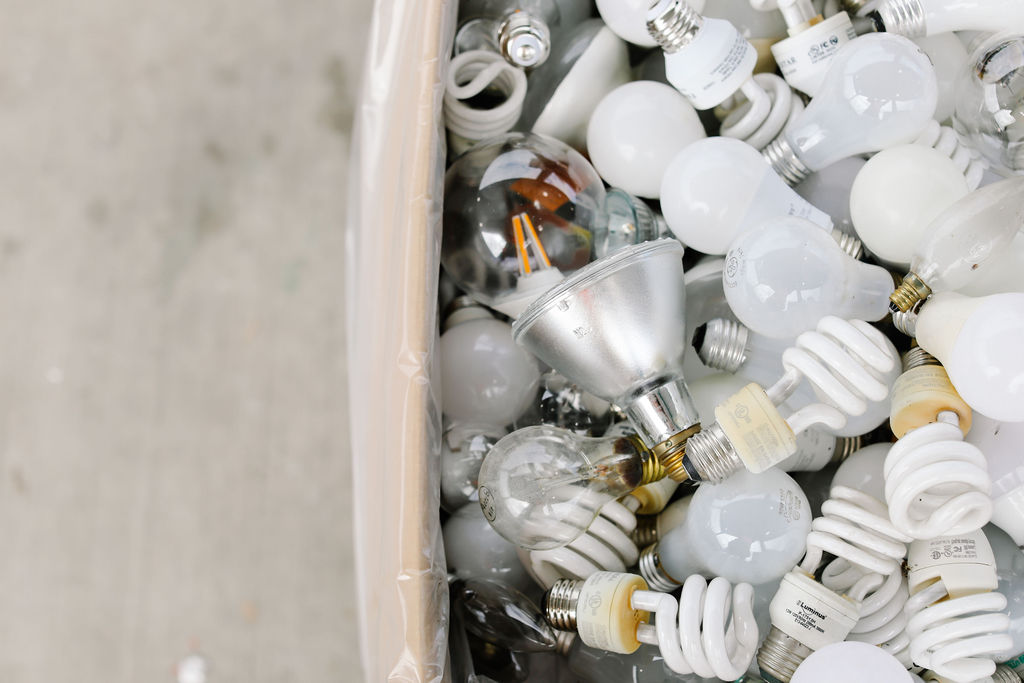 Assorted used lamps and CFLs collected for recycling.